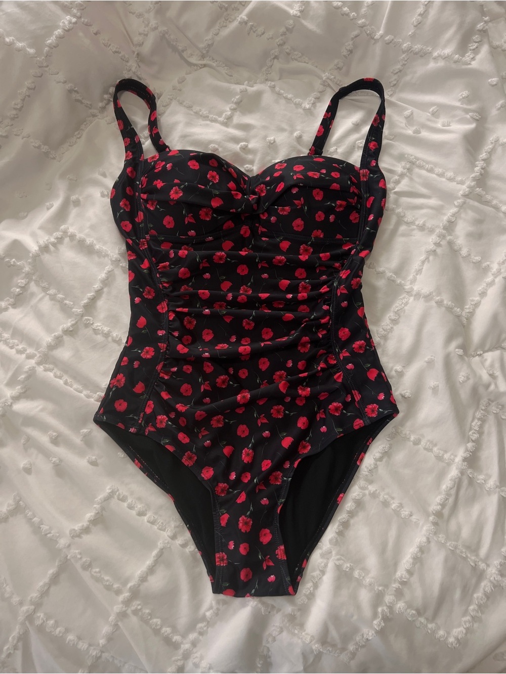 Black One-Piece Swimsuit with Red Floral Print